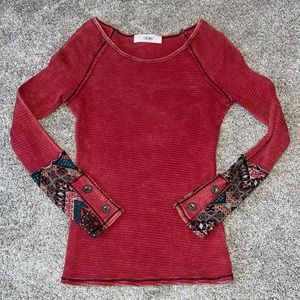 able long sleeve red textured shirt with decorative sleeves, small. Cute!